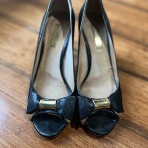 Louise et Cie Black Leather Peep Toe Bow Heels